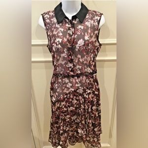 Simply Vera Wang Sheer Dress Size Medium Black Burgundy Floral Sleeveless Collar